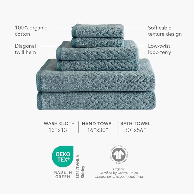 Texere 100% Organic Cotton Jacquard 650 GSM Premium Bath Towel Sets - Extra Absorbent Quick Dry and Plush, 2 Large Bath Towels, 2 Hand Towels, 2 Washcloths (Cable, Light Taupe, 6 Piece)
