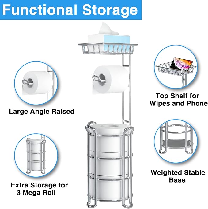 Toilet Paper Holder Stand with Shelf for Phone, Bathroom Free Standing Tissue Roll Storage Rack with Dispenser for 4 Mega Rolls, Chrome
