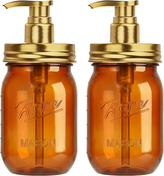 Amolliar Plastic Mason Jar Soap Dispenser with Pump Lid 16OZ -2 Pack Amber | Refillable BPA-Free Hand Soap Dispenser Set with Cute Lables, Farmhouse Decor for Kitchen Bathroom Liquid Dish Soap Lotion
