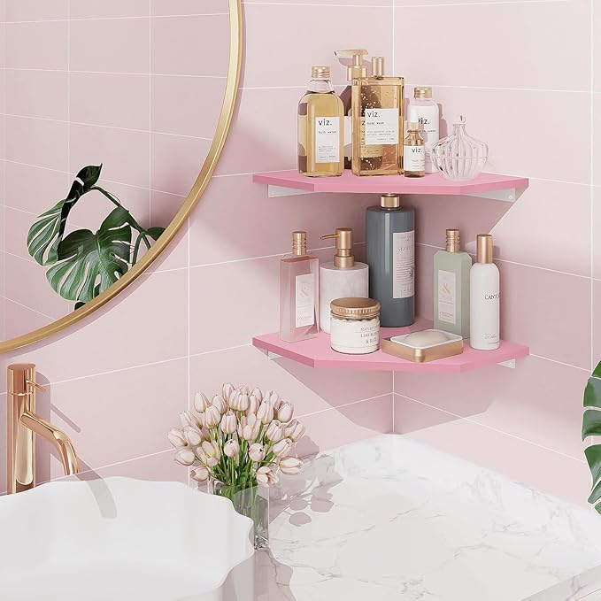 Corner Floating Shelves, Corner Wall Shelf with Cord Hole, 2 Tier Wood Hanging Corner Shelf for Bathroom, Bedroom, Living Room, Pink