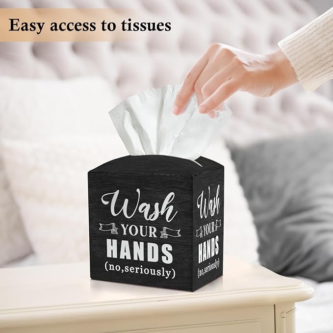 Bathroom Tissue Box Covers Square - Wash Your Hands, Leather Tissue Box Holders Decorative for Home Bathroom Restroom Shelf, Square Facial Paper Organizer Home Decor -029