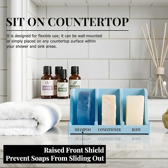 Soap Holder for Shower Wall, 3-Compartment Soap Dish for Shampoo, Conditioner and Body Soap, Fast Draining & Rust-Proof & Heavy Duty, Ultra-Strong Adhesive for Long-Term Bathroom Use & Freestanding