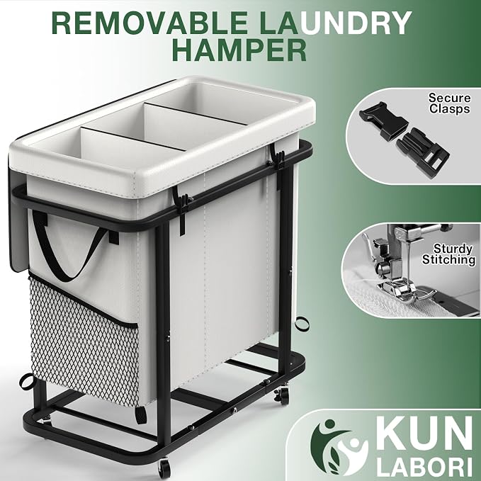 Laundry Basket with Lid, 230L Rolling Laundry Hamper with Wheels,White | Dirty Clothes Hamper with Metal Frame and Removable Bag Design, Suitable for Laundry Room, Bedroom(3 Section)