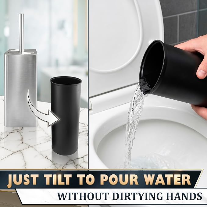 Toilet Brush and Holder Set, Stainless Steel, Replaceable Head (Silver) | Stainless Steel Toilet Bowl Brush and Holder with 2 Rounded Corners, Removable Inner Bowl & Splash Guard Cover