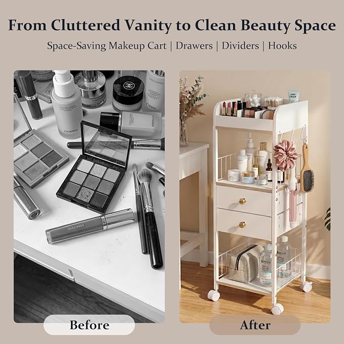 Makeup Organizer Cart, Rolling Floor Skincare Organizer and Storage with 2 Wooden Drawers, Cosmetics Display Cases Holder for Skin Care Perfume Hair Tools Nail Polish（White & Gold）