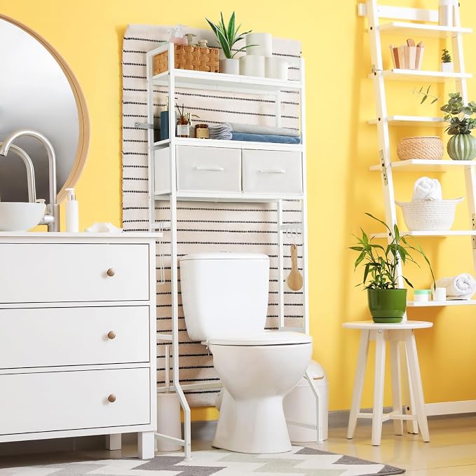 YBING Over The Toilet Storage Cabinet, Over Toilet Bathroom Organizer with Drawer, Roll Holder and Hooks, Bathroom Storage Cabinet, Wooden, White