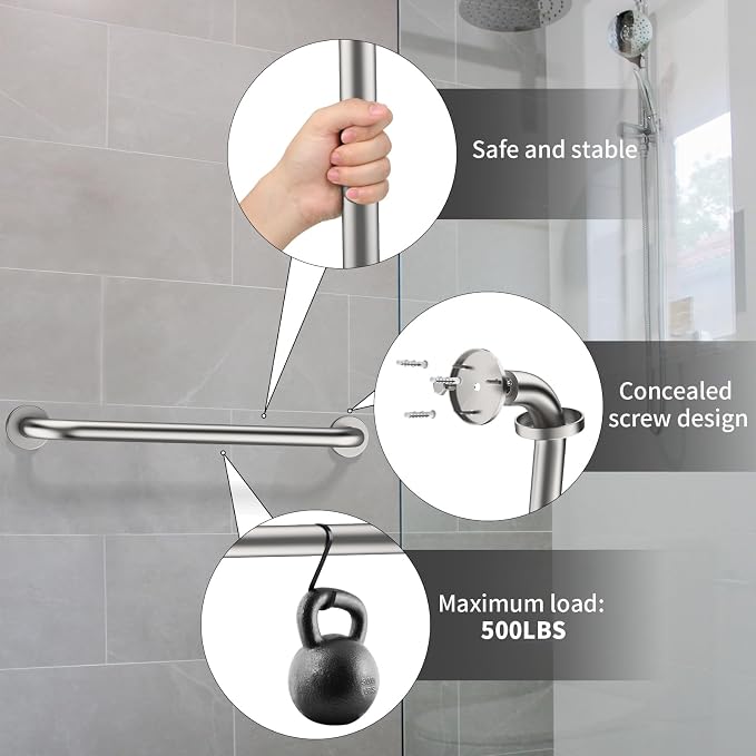 ZUEXT 24 Inch Brushed Nickel Stainless Steel Bathroom Shower Grab Bar | Safety Handrail for Shower Toilet Bathtub, Wall-Mounted, Handicap Grab Rail for Seniors Elderly Disabled, 1.25" Diameter
