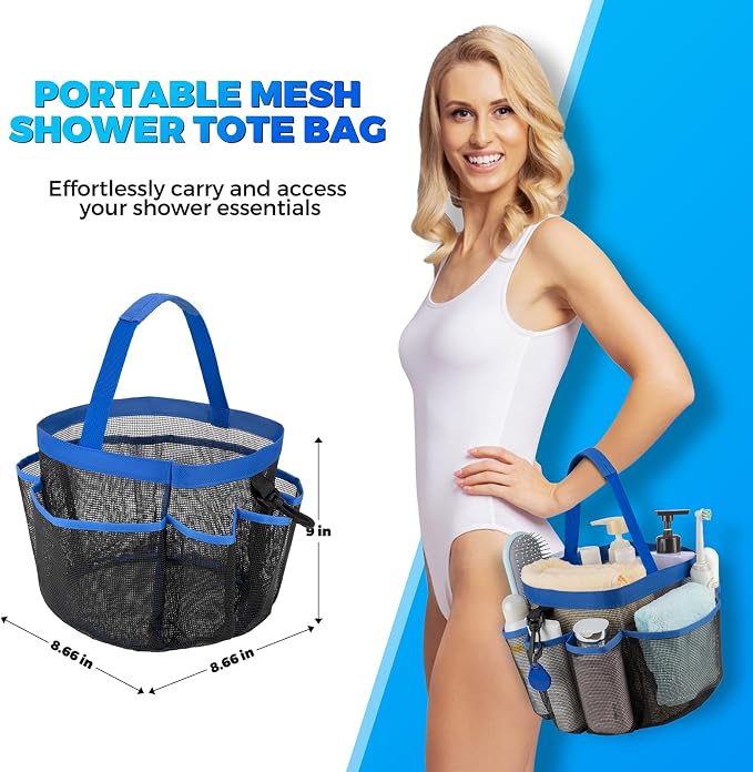 Mesh Shower Caddy Portable for College Dorm Room Essentials with 8-Pocket Large Capacity,Quick Dry Shower Bag for Bathroom, Beach,Gym