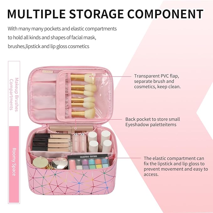 Makeup Bag - Portable Large Capacity Travel Cosmetic Case for Women with Handle and Divider Toiletry Organizer for Girls on the Go -Geometric Pink