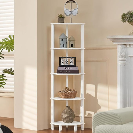 YUFAM 5-Tier Corner Shelf, White | Wooden Corner Bookshelf for Small Spaces, Corner Standing Shelf with Sturdy 5-Leg Base