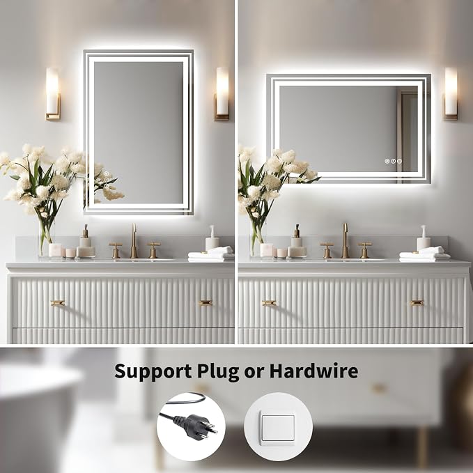 WTTY 28" x 36" LED Bathroom Mirror with Light | Anti-Fog, Dimmable, 3 Color Temperature, Memory Function, Tempered Glass, IP54 Waterproof, ETL Listed