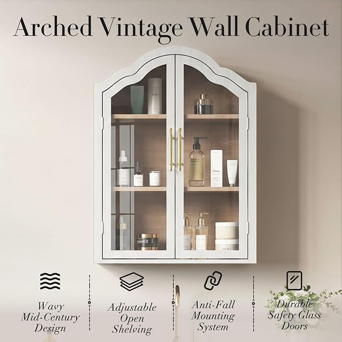 FIMELLO 47.2’’W Wave Design Arched Wall Cabinet, Bathroom Cabinet with Glass Doors Adjustable Shelf, Above Toilet Cabinet, Kitchen Wall Cabinet, Wall Bookshelf, White Grain