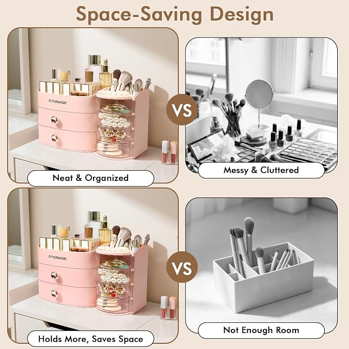 Makeup Organizer Countertop, Make Up Organizer for Vanity | Skincare & Cosmetic Organizers with Drawers, Bathroom Storage for Brush Holder|Lipstick|Jewelry, Ideal Gift for Women, Pink