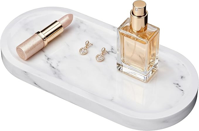 Decorative Trays with Natural Patterns,9.8x4.7x0.7in,Carrara White | Pure Marble Vanity Tray with Anti Slip Foot Pads, Polishing Pallet,Elliptical Stone Bathroom Organizer,Platter for jewelry