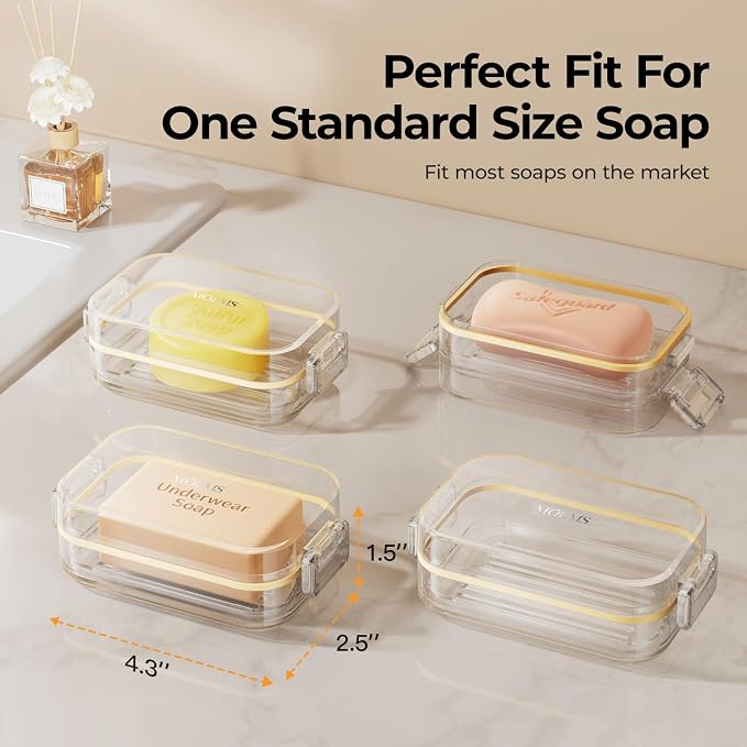 MOPMS Travel Soap Case, Leakproof with Clasps & Silicone Seal for Traveling | Soap Holder Travel Case with Drain Tray for Gym, Bathroom, Portable Travel Soap Container Fits Most Soaps, Durable PC, Clear