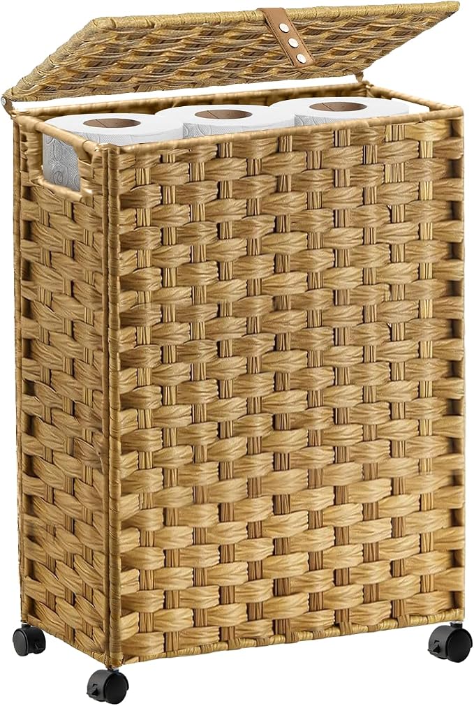 Hiagnete Toilet Paper Storage Basket with Lid and Wheels, Rattan Toilet Paper Holder Storage, Toilet Paper Organizer for Bathroom, Bedroom, Kitchen, 12.6”L x 7.1”W x 17.14”H, Naturall