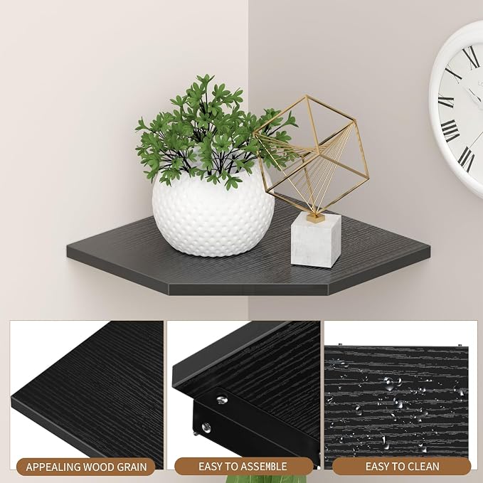 JJL Corner Shelves, 12 Inch Corner Shelf Wall Mounted with Wire Hole, 4 Tier 13.3 Inch Deep Wooden Corner Hanging Shelving for Wall Storage, for Speaker, Cable Box, Black