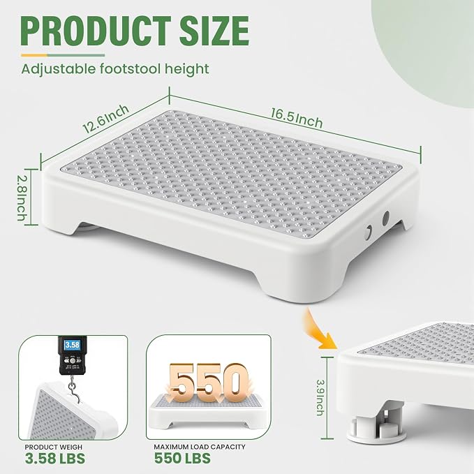 SOYO Mobility One Step Stool Platform for Adults & Elderly, White-Gray | Adjustable Small Step Riser for Seniors, Indoor Outdoor Non-Slip Standing Support Portable Low Step for Car, Bed, Bathroom