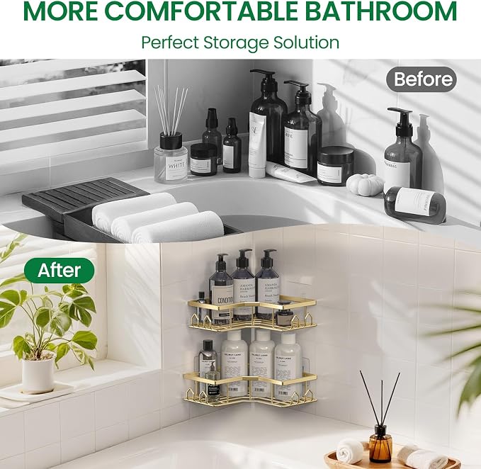 Adhesive Shower Caddy, 6 Pack Corner Bath Organizer, Rustproof Stainless Steel Shower Shelves with Large Capacity, No Drilling Shelves for Bathroom Storage, Home, Kitchen Décor(Gold)