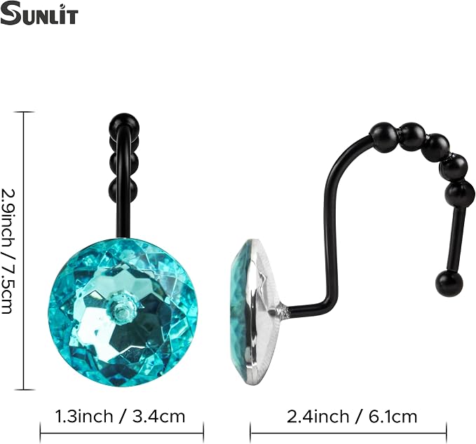 Sunlit Luxury Design Round Teal Blue Diamond Crystal Gem Bling with Glide Balls Shower Curtain Hooks, Rust Proof Metal Rhinestones Glam Shower Curtain Rings with Black Hooks, Set of 12