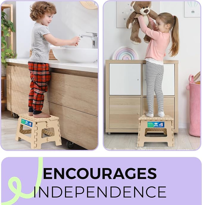 Dyforce Kids Step Stool 9 Inch, 300lbs Folding Step Stool for Toddler | Step stool for Khaki,Anti-slip Heavy Duty with Handle, Lightweight Foldable Foot Stool for Bathroom Kitchen Bedroom Outdoor