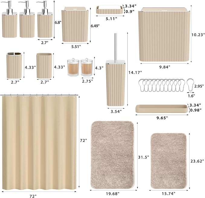 Bathroom Accessory Set - Bathroom Set, 27PC Bathroom Accessories Set, Beige Bathroom Sets with Shower Curtain and Rugs, Mini Trash Can, Toilet Brush, Trash Can & Soap Dispenser