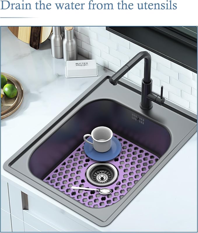 Silicone Sink Protector Kitchen Sink Mat 2 Pack 13.58"x 11.6" Purple | Heat-resistant Non-Slip and Durable Silicone Protectors Mat, Center Drain