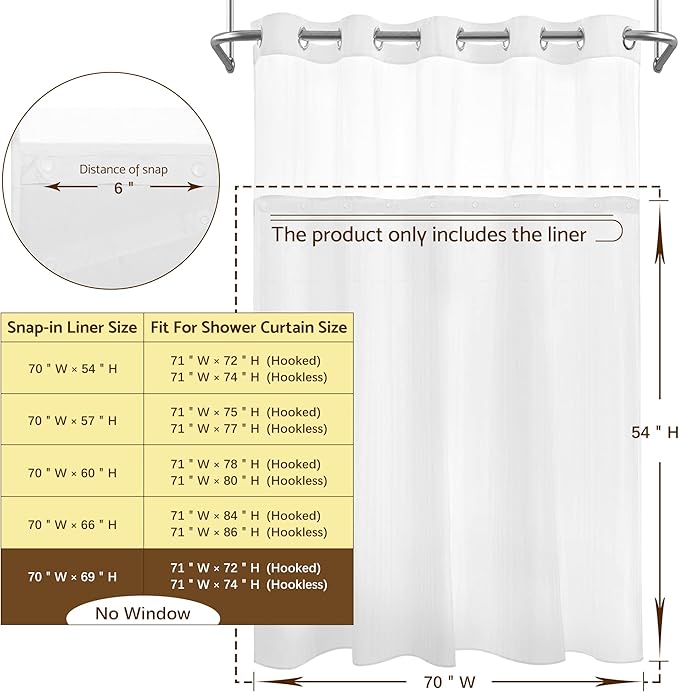 Barossa Design 70x54 Snap-in Shower Curtain Replacement Liner White | 2 Bottom Magnets, Fabric, Removable, Water Repellent, Machine Washable, Hotel Style, 70" W x 54" H Inner Liner