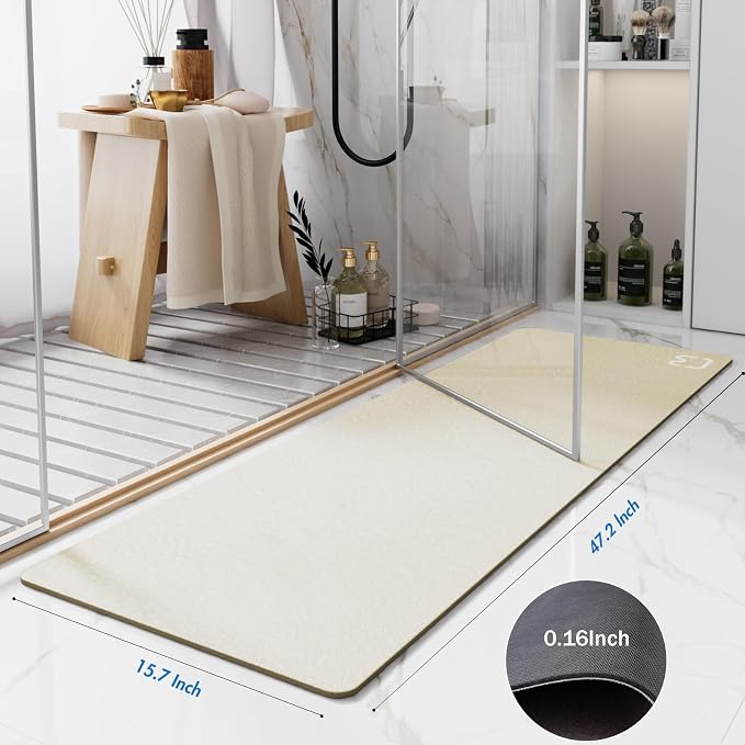 RUERYA Beige Long Bathroom Rugs Large Stone Bath Mats for Bathroom,16"x47" | Non Slip Rubber Backed Quick Dry Super Absorbent Diatomaceous Earth Bath Mat Extra Long Thin Diatomite Bathroom Mat Runner