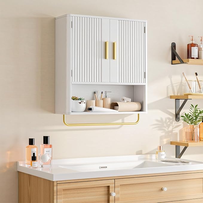 Bathroom Wall Cabinet, Medicine Cabinet with Fluted Door & Adjustable Shelf | Over The Toilet Storage Cabinet with Towel Bar, Space-Saving Cabinet Wall Mount for Laundry Room, Kitchen, Living Room