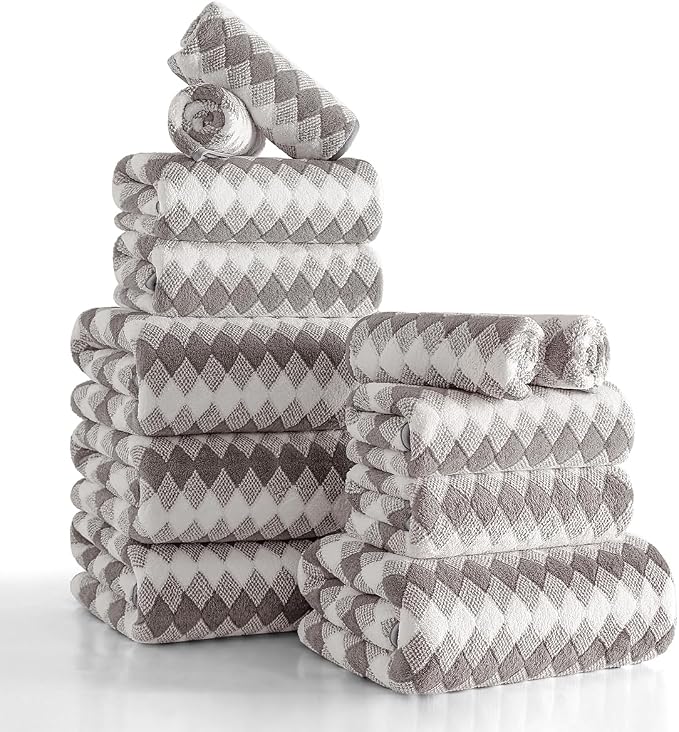 12 Pcs Light Gray Diamond Towel Set-4 Bath Towels,4 Hand Towels,4 Washcloths Soft Polyester Towels with Loop Absorbent Shower Towel Quick Dry Beach Chair Towel Family Towels for Bathroom Spa Gym Pool
