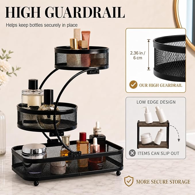 3 Tier Bathroom Counter Organizer-Metal Makeup Organizer for Vanity | Perfume & Cologne Organizer, Metal Wire Mesh Design, Heavy Duty Shelf with Large Storage Capacity, Black