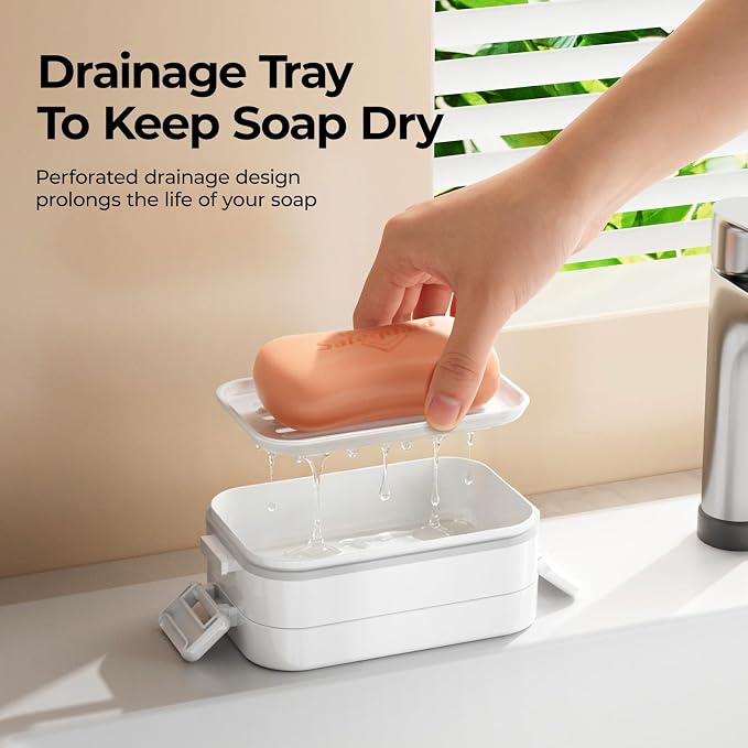 MOPMS Travel Soap Case, Leakproof with Clasps & Silicone Seal for Traveling | Soap Holder Travel Case with Drain Tray for Gym, Bathroom, Portable Travel Soap Container Fits Most Soaps, Durable PC, White