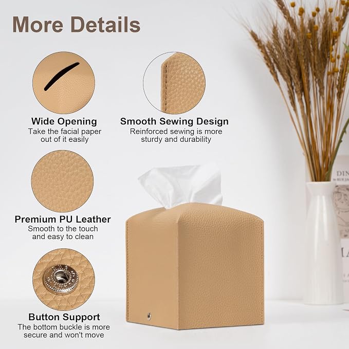 AISOSO 2Pcs Square Tissue Box Cover, Cream, 5.12" X 5.12" X 5.12" | PU Leather, Decorative Tissue Organizer Dispenser Holder, Fit for Bathroom, Desk, Home, Car, Office