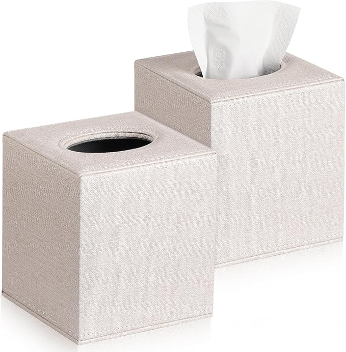 VZZNN 2 Pack Tissue Box Cover Square - Modern Cube Tissue Holder with Magnetic Base, Decorative Tissue Organizer for Bathroom Vanity, Dresser, Countertop, Bedroom, Office, and Car, Beige