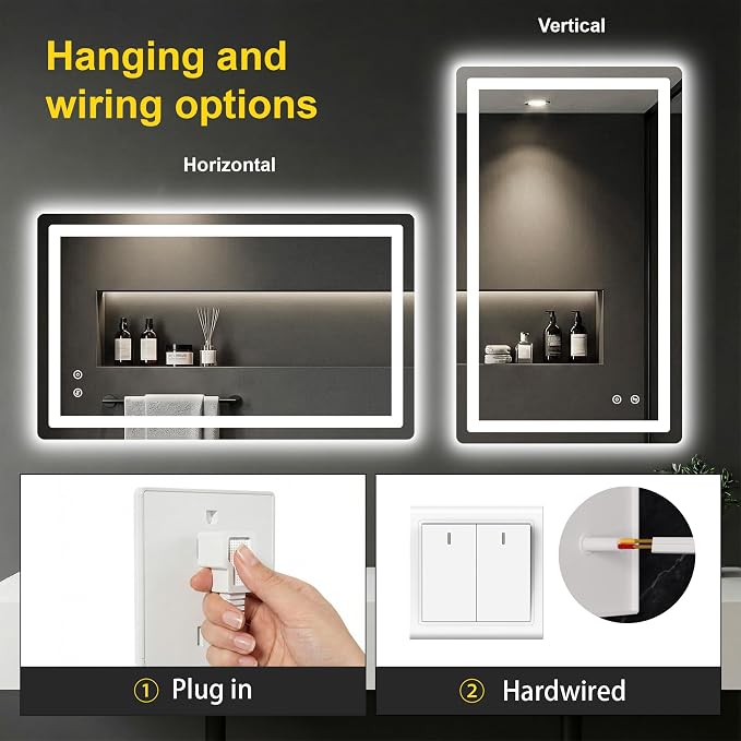 LED Bathroom Mirror with Lights, 24"x40" Lighted Vanity Mirror for Wall | Anti-Fog, Dimmable 3 Color Light, Backlit+Frontlit, Shatterproof Tempered Glass, Memory Function