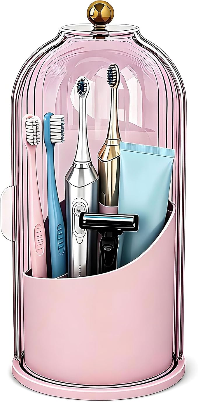 JEESA Dustproof Toothbrush Holder with Cover, Pink | 360° Rotating, 180° Sliding Lid, 3 Slots, Toothbrush Organizer, for Bathroom Countertop