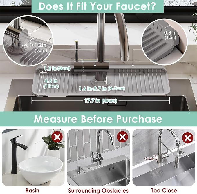 17.7-Inch Silicone Faucet Mat for Kitchen Sink Splash Guard, 7° Slope | 17.7"x5.5" water draining mat with fasten button; 1.6-2.75" customizable hole for bathroom, RV & kitchen sink drip catcher.