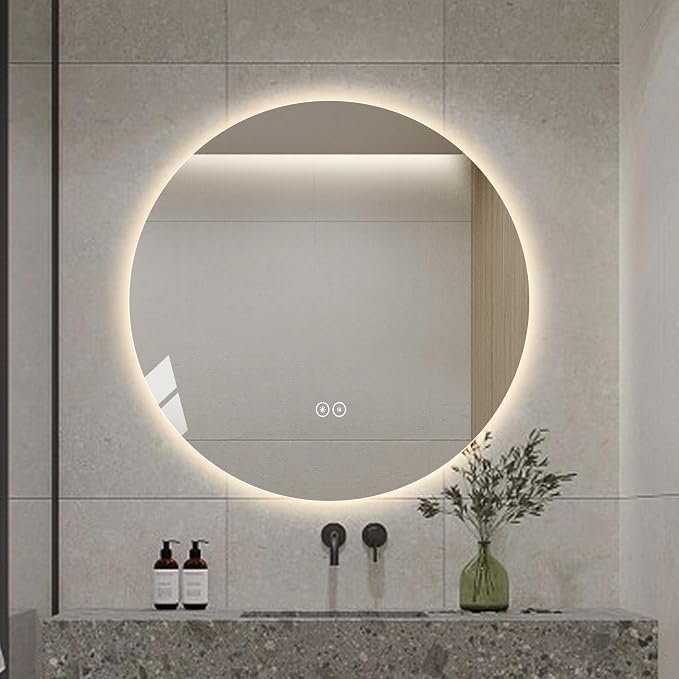 LAIYA 28 Inch Round LED Bathroom Mirror Frameless Backlit Anti-Fog Dimmable | Touch control, 24V IP65 strip, CRI 95+, 3000K-6000K colors, 10%-100%, memory, 5mm copper-free glass, 3-5 min defog, wall kit.