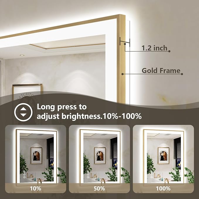 28x36 LED Bathroom Mirror with Lights, Gold Framed Lighted Mirror | Backlit and Front light, Anti-Fog, 3 Color Dimmable, Memory, Tempered Glass, IP54 Waterproof, UL Listed