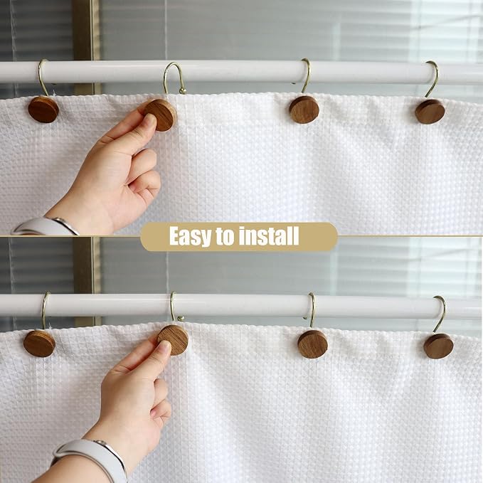 Shower Curtain Hooks, Wood Decorative Shower Curtain Rings, Modern Round Log Shower Curtain Hangers, 12PCS Metal Shower Hooks for Shower Curtain Rod, Bathroom, Bedroom, Living Room (Gold)