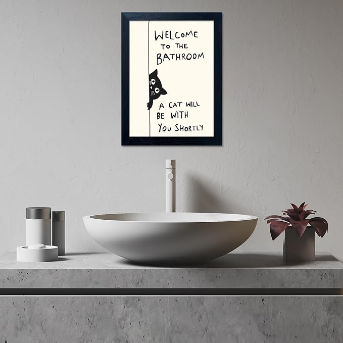 Framed Black and White Bathroom Painting Welcome to the Bathroom Wall Art A cat Will be With You Shortly Funny Cat Lover Picture Canvas Print Poster Modern Home Decor