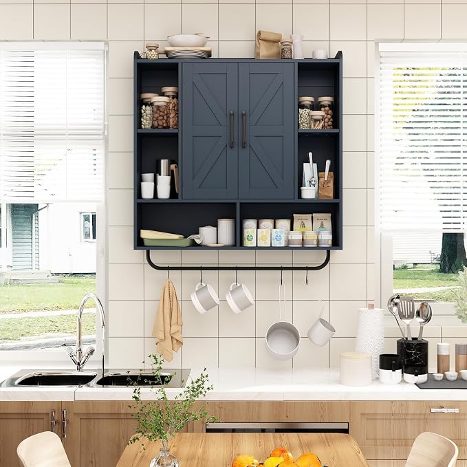 RUSTOWN Rustic Bathroom Wall Storage Cabinet with 2 Barn Doors, Navy Blue | Farmhouse Medicine Cabinet, Wall Mounted, Space Saving, 3-Tier Adjustable Shelves, Towel Bar, 5 Hooks