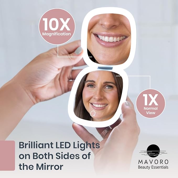 LED Lighted Travel Makeup Mirror 1x/10x, USB-C Rechargeable (Rose Dust)
