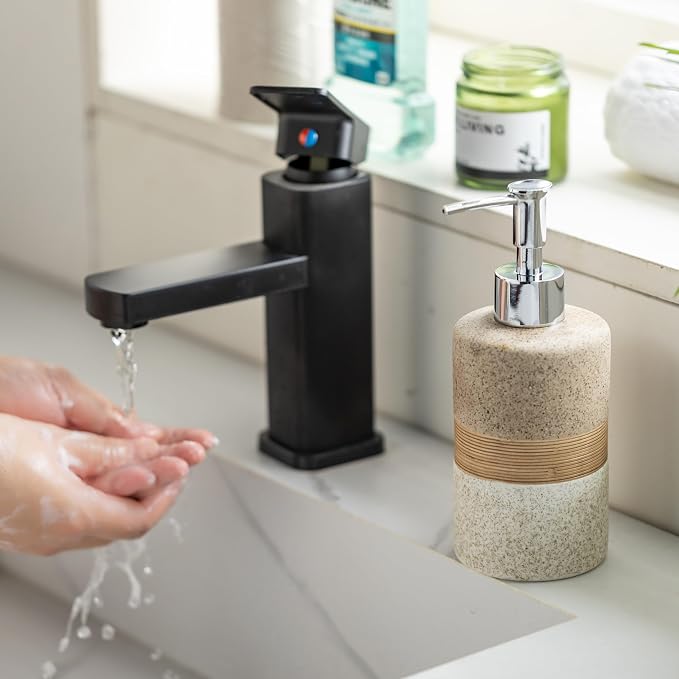 Ceramic Kitchen Dish Soap Dispenser Set with Stainless Steel Pump | Refillable Hand Soap, Shampoo and Conditioner, Body Wash, Lotion Dispenser | for Kitchen and Bathroom Counter Non Slip, 12 Oz