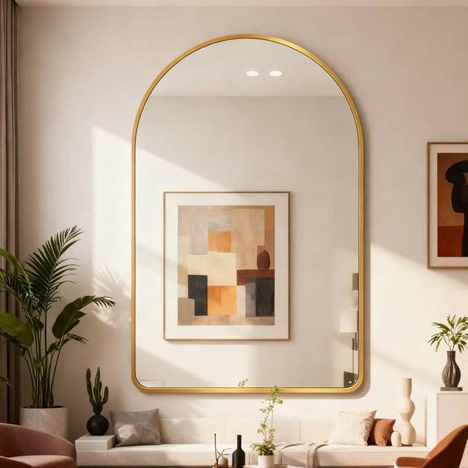 Arched Bathroom Mirror 20"x28", Gold, Tempered Glass | arch bathroom mirror gold wall mounted vanity tempered glass metal frame bedroom entryway living room