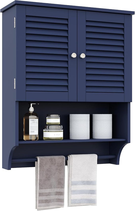 ChooChoo Bathroom Wall Cabinet with Towel Bar and Ample Storage | 23.6"L x 7.9"W x 27.5"H MDF Medicine Cabinet, Over The Toilet Space Saver Storage Cabinet with Adjustable Shelf, Navy Blue