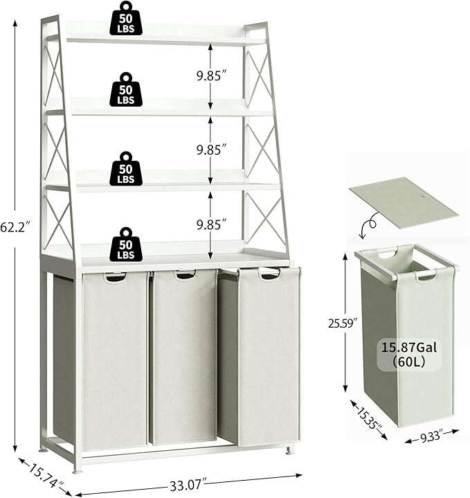 Herture 3 Section Laundry Hamper Laundry Basket with 4 Tiers Shelf | Laundry Sorter with Pull-Out Removable Large Bags, 4 x 15.87 Gallons, Metal Frame, for Laundry Room Bathroom, White PF05XLW