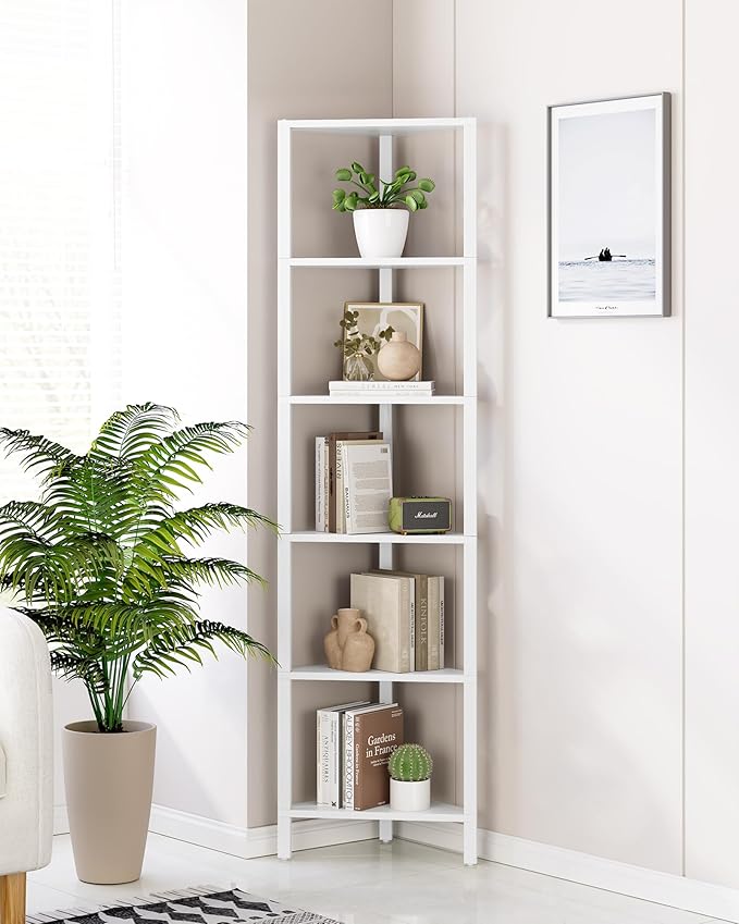 TUTOTAK 6-Tier Corner Bookshelf, Corner Shelf for Small Space | Narrow Display Corner Shelf Stand with Storage Rack, for Living Room, Bedroom, White BS05BW006