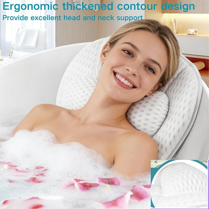 Bath Pillow Bathtub Pillow Luxury Bath Pillows for Tub Neck and Back Suppor | Neck and Back Support Headrest with Soft 5D Mesh Fabric and Non-Slip Suction Cups,Relaxing Bath Accessories Spa Gifts